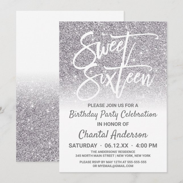 Chic White Silver Faux Glitter Ombre Sweet sixteen Inbjudningar (Fram/baksida)