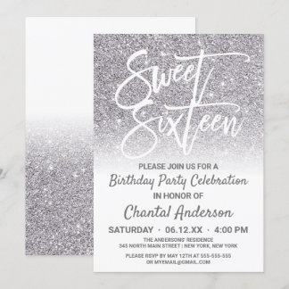 Chic White Silver Faux Glitter Ombre Sweet sixteen Inbjudningar