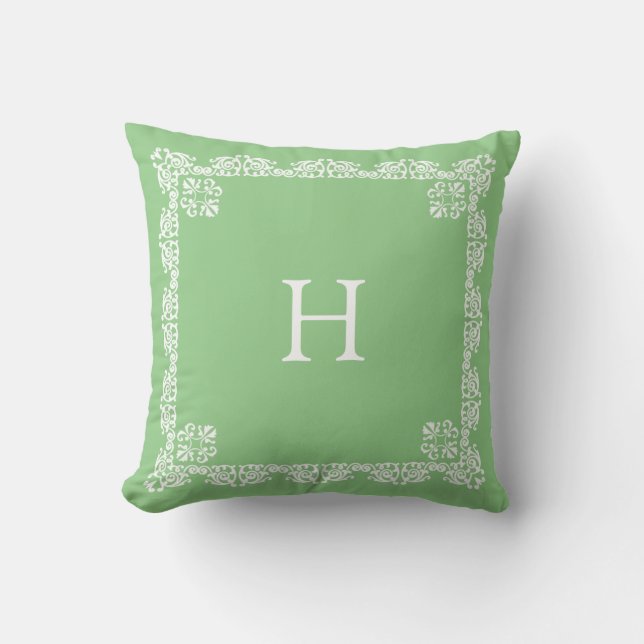Chic White Snöre Vector & Monogram på Ljust grönt Kudde (Framsida)