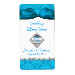 Chic White & Turcouise Damask Mini Vin-etiketter Fraktsedel