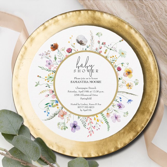 Chic Wildblomma Baby Shower Round Inbjudningar (Chic Wildflower Baby Shower Round Invitations, INSTANT DOWNLOAD and/or PRINTED)