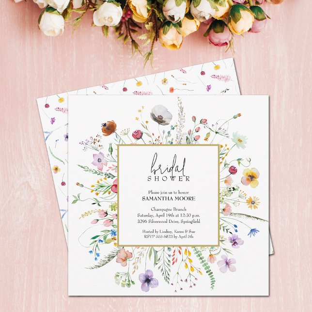 Chic Wildblomma Möhippa Inbjudningar (Chic wildflower bridal shower invitations, 5.25" x 5.25" - PRINTED and/or INSTANT DOWNLOAD)
