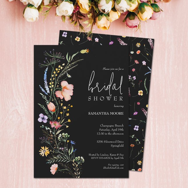 Chic Wildblomma Möhippa Inbjudningar (Wildflower bridal shower black invitations - PRINTED and/or INSTANT DOWNLOAD)