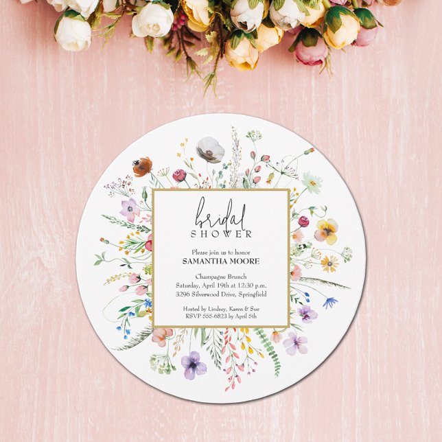 Chic Wildblomma Möhippa Round Inbjudningar (Chic Wildflower Bridal Shower Round Invitations - PRINTED and/or INSTANT DOWNLOAD)