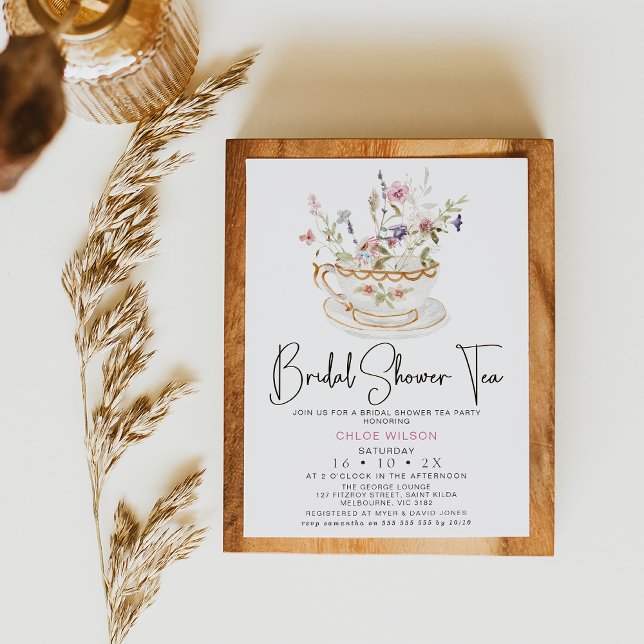 Chic WildblommTea Party Möhippa Inbjudningar (Bridal Tea Party Invitation, Wildflowers Floral High Tea Shower Invite, Floral Tea Party Wedding)