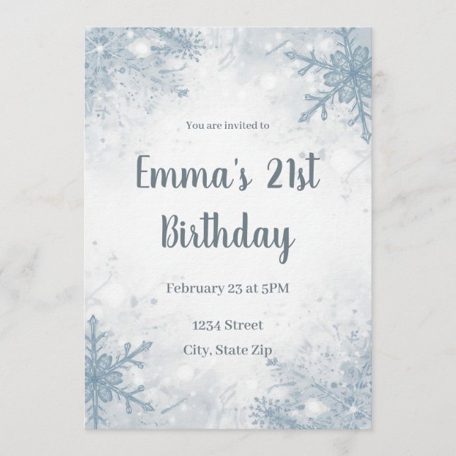 Chic Winter 21st Birthday Invitation – Snowflakes Inbjudningar (Framsida)