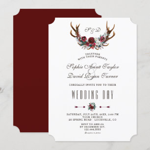 Chic Winter Burgundy Blommigt Antlers Guld Bröllop Inbjudningar