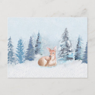 Chic Winter Watercolor Hjort in Forest Vykort