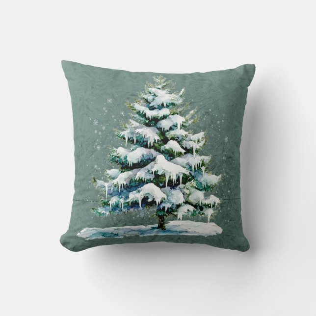 Chic Winter Watercolor Snowy Spruce Träd Monogram Kudde (Framsida)