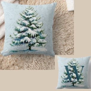 Chic Winter Watercolor Snowy Spruce Träd Monogram Kudde