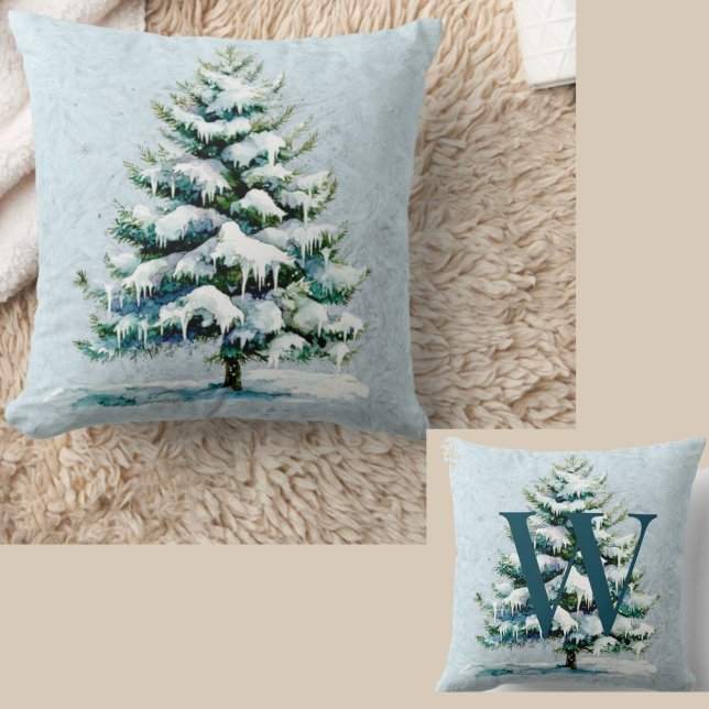 Chic Winter Watercolor Snowy Spruce Träd Monogram Kudde (Skapare uppladdad)