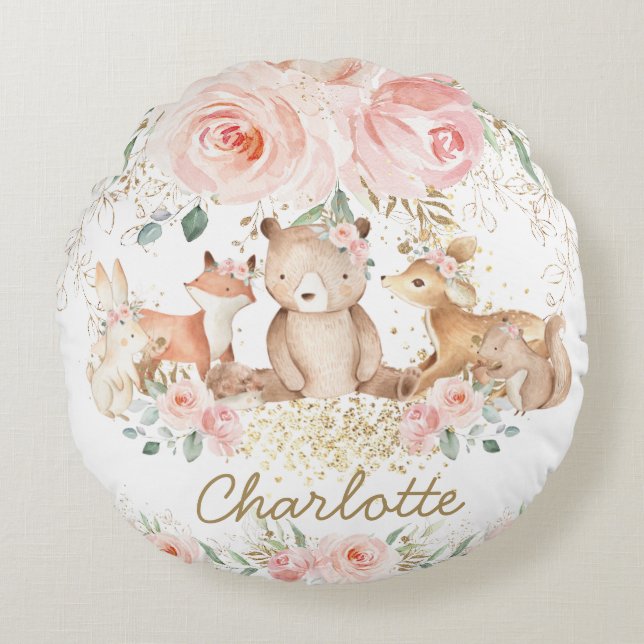 Chic Woodland Animals  Blommigt Bedroom Rund Kudde (Framsidan)