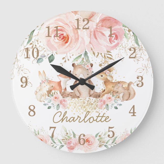 Chic Woodland Animals  Blommigt Bedroom Stor Klocka (Framsida)