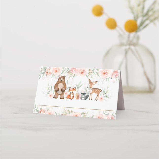 Chic Woodland Animals  Blommigt Födelsedag Placeringskort (Framsida)