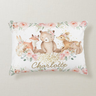 Chic Woodland Animals  Blommigt Nyfödd bebis Girl Prydnadskudde