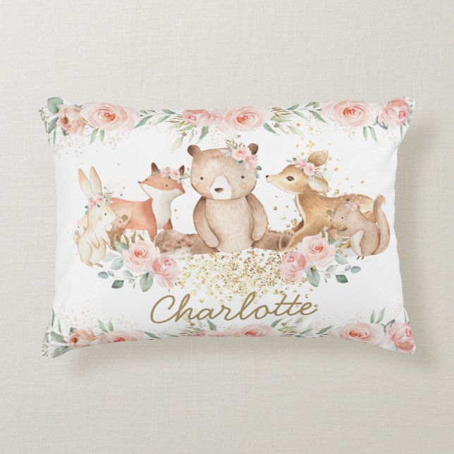 Chic Woodland Animals  Blommigt Nyfödd bebis Girl Prydnadskudde (Framsidan)