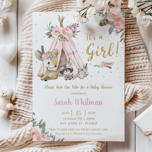 Chic Woodland Animals Boho Tribal Girl Baby Shower Inbjudningar (blush-floral-boho-tribal-woodland-animals-deer-owl-raccoon-girl-baby-shower-invitation-cards-prints)
