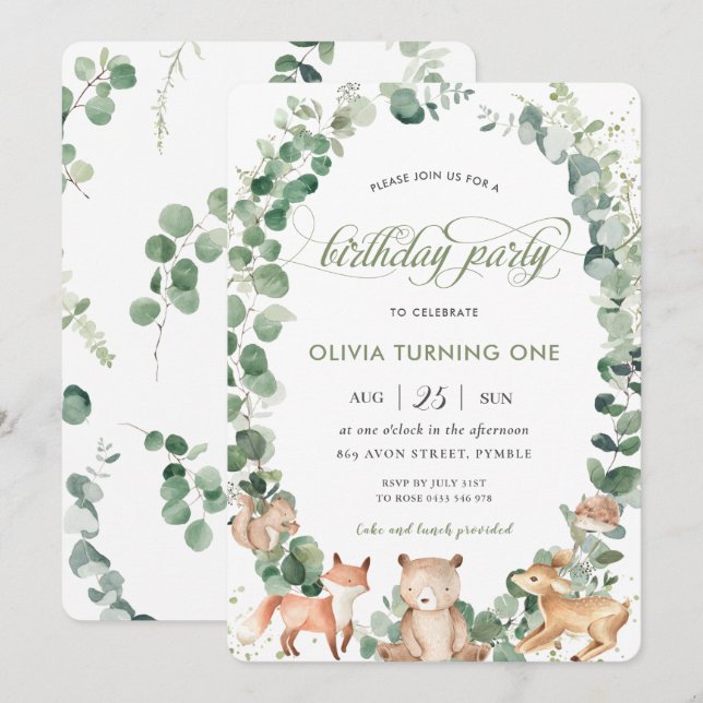 Chic Woodland Animals Greenery 1st Birthday Party Inbjudningar (Fram/baksida)