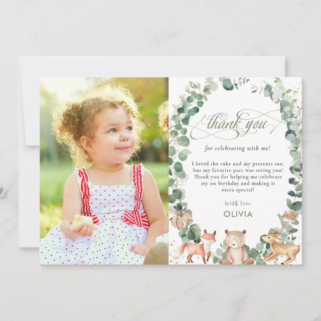 Chic Woodland Animals Greenery 1st Birthday Photo  Tack Kort (Framsida)