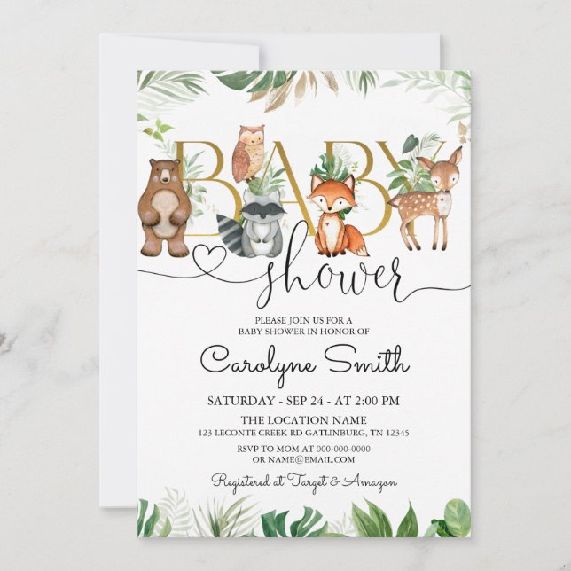 Chic Woodland Animals Greenery Baby Shower Inbjudningar (Framsida)