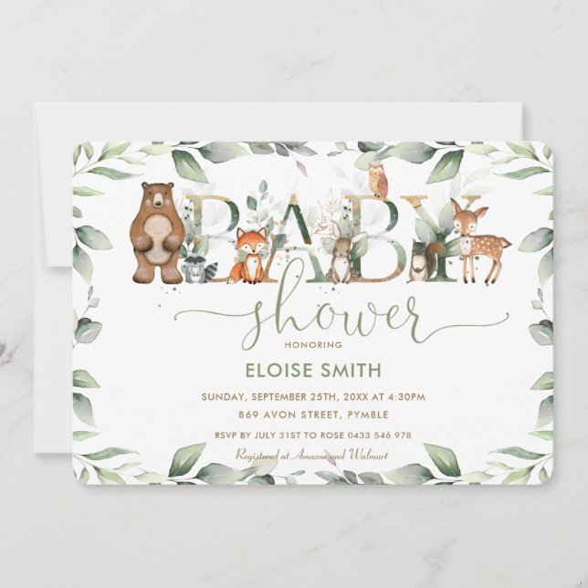Chic Woodland Animals Greenery Baby Shower Neutral Inbjudningar (Framsida)