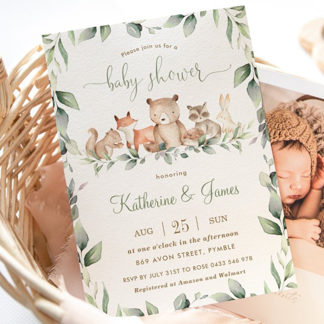 Chic Woodland Animals Greenery Baby Shower Neutral Inbjudningar (Skapare uppladdad)