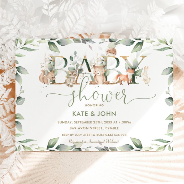 Chic Woodland Animals Greenery Baby Shower Neutral Inbjudningar (Skapare uppladdad)