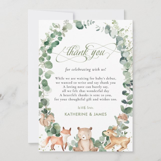 Chic Woodland Animals Greenery Baby Shower   Tack Kort (Framsida)