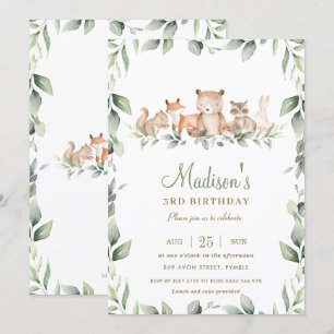 Chic Woodland Animals Greenery Birthday Boy Girl Inbjudningar