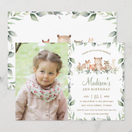 Chic Woodland Animals Greenery Birthday Photo Inbjudningar