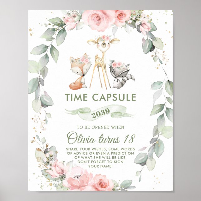 Chic Woodland Animals Greenery Blommigt Time Capsu Poster (Framsidan)