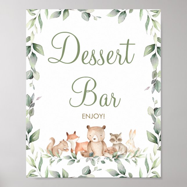 Chic Woodland Animals Greenery Dessert Pub Sign Poster (Framsidan)