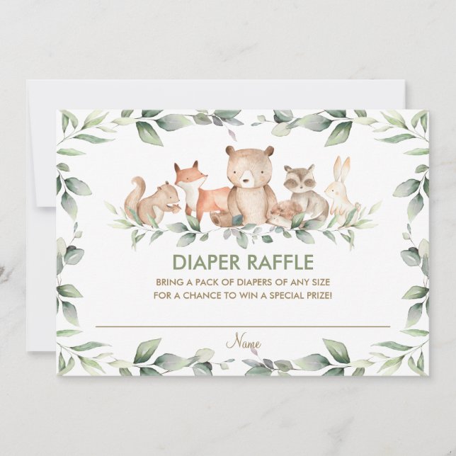 Chic Woodland Animals Greenery Diaper Raffle Card Inbjudningar (Framsida)