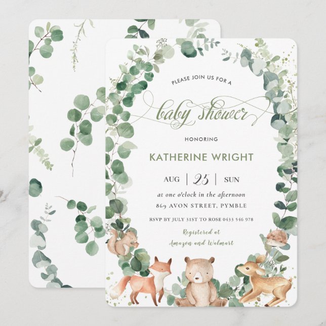 Chic Woodland Animals Greenery Neutralt Baby Showe Inbjudningar (Fram/baksida)