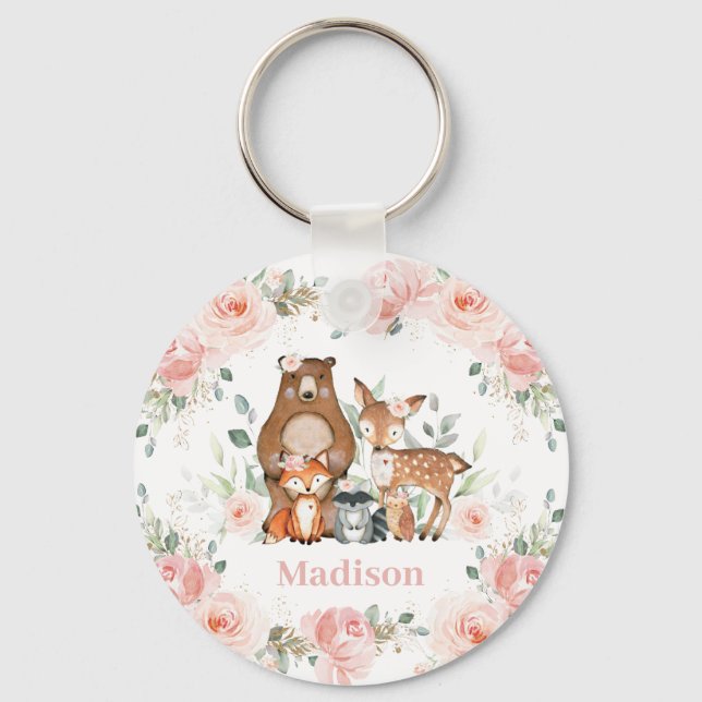 Chic Woodland Animals Pastel  Blommigt Favor Nyckelring (Framsida)