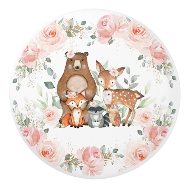 Chic Woodland Animals Pastel  Blommigt Guld Knopp (Framsidan)