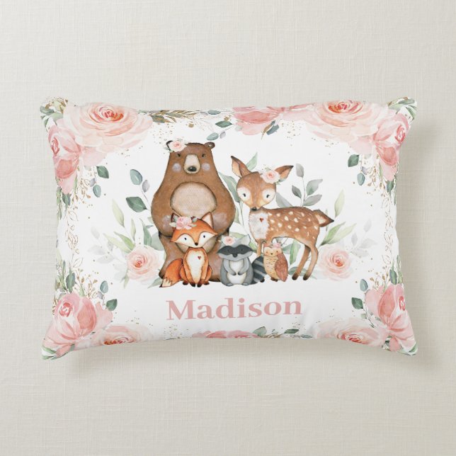 Chic Woodland Animals Pastel  Blommigt Guld Prydnadskudde (Framsidan)