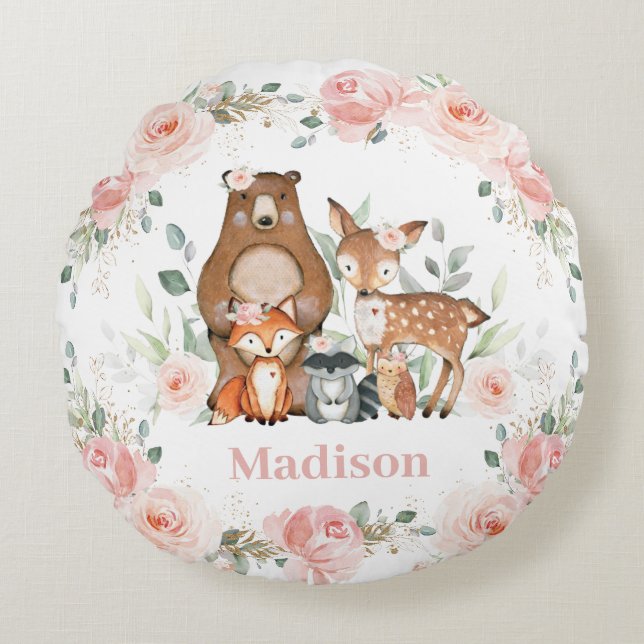 Chic Woodland Animals Pastel  Blommigt Guld Rund Kudde (Framsidan)
