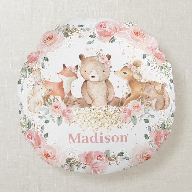 Chic Woodland Animals Pastel  Blommigt Guld    Rund Kudde (Framsidan)