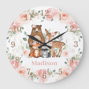 Chic Woodland Animals Pastel Blommigt Guld Stor Klocka