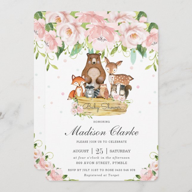 Chic Woodland Animals Rosa Blommigt Baby Shower Inbjudningar (Fram/baksida)