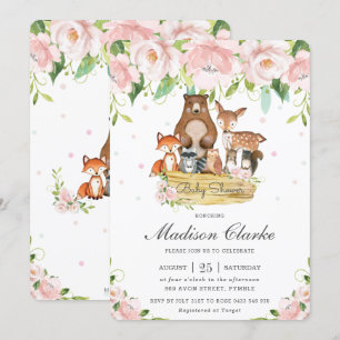 Chic Woodland Animals Rosa Blommigt Baby Shower Inbjudningar