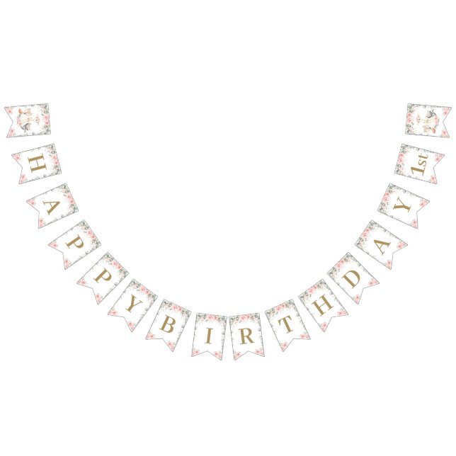 Chic Woodland Animals  Rosa Blommigt Birthday Vimplar (Alla)