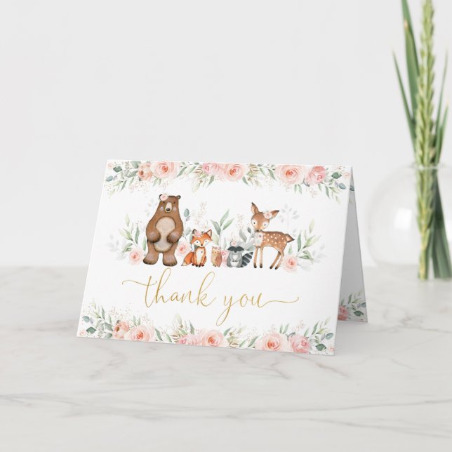 Chic Woodland Animals Soft  Rosa Blommigt Tack Kort (Framsida)
