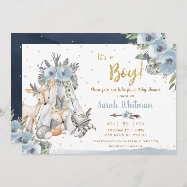 Chic Woodland Animals Tribal Boho Boy Baby Shower Inbjudningar (Fram/baksida)