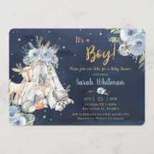 Chic Woodland Animals Tribal Navy Guld Baby Shower