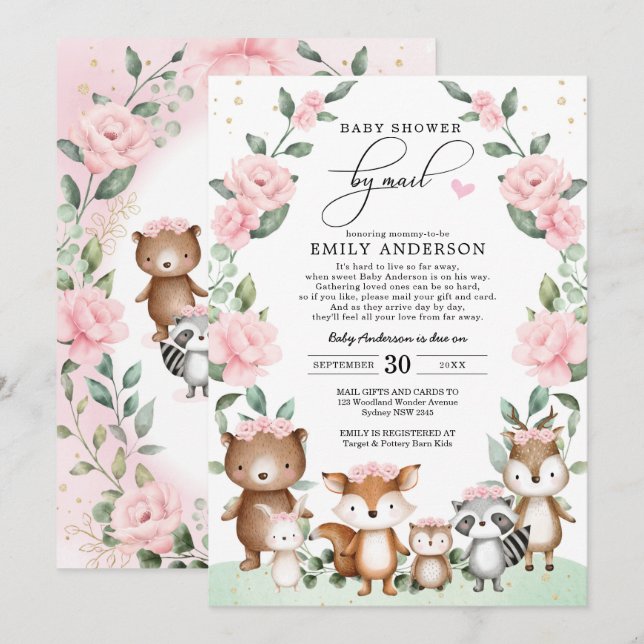 Chic Woodland Baby Shower by Mail  Blommigt Inbjudningar (Fram/baksida)
