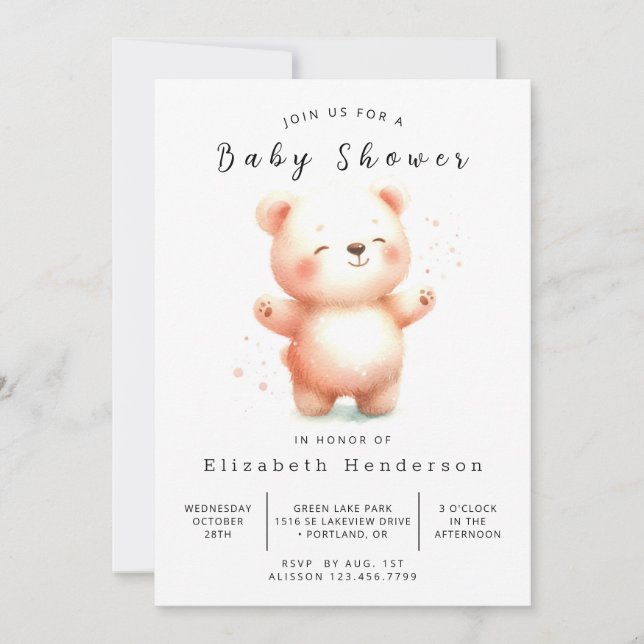 Chic Woodland Bear Baby Shower Inbjudningar (Framsida)