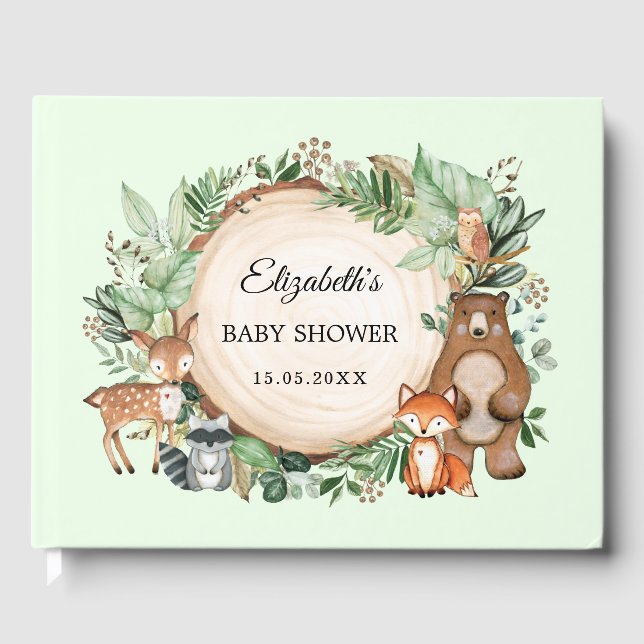 Chic Woodland Forest Animals Greenery Baby Shower Gästböcker (Framsida)