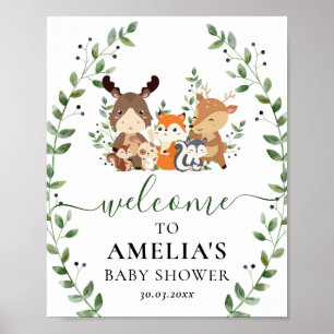 Chic Woodland Greenery Animals Baby Shower Välkomm Poster